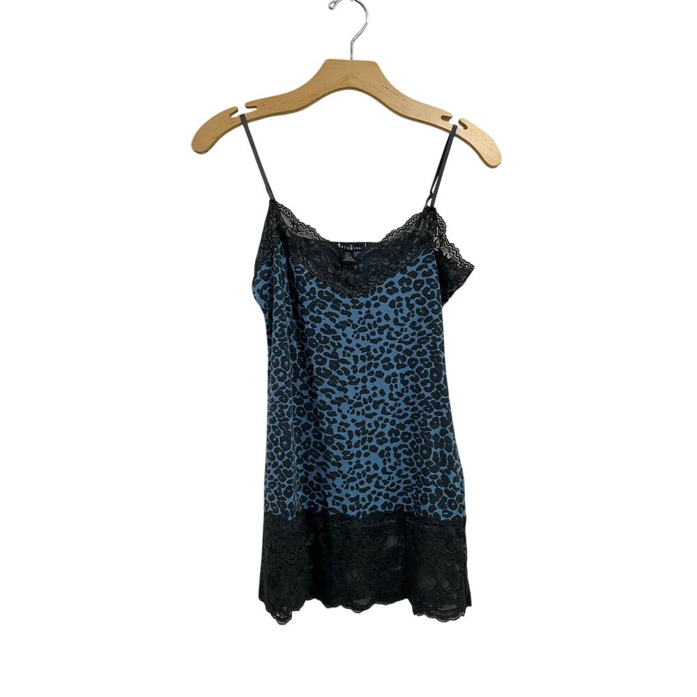 Bozzolo Leopard Blue & Gray Lace Tank Top Y2K Sheer Layering Cami Sz L